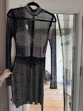 Windsor Black Sheer Rhinestone Long Sleeve Bodycon Dress